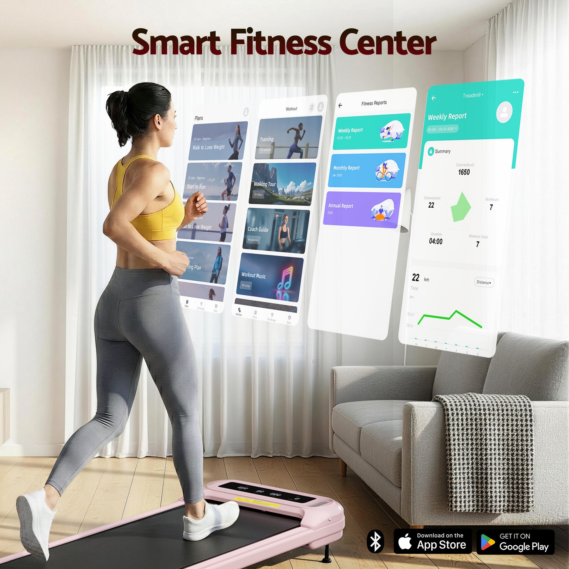 Pink everfit treadmill electric with compact layout and accessory details