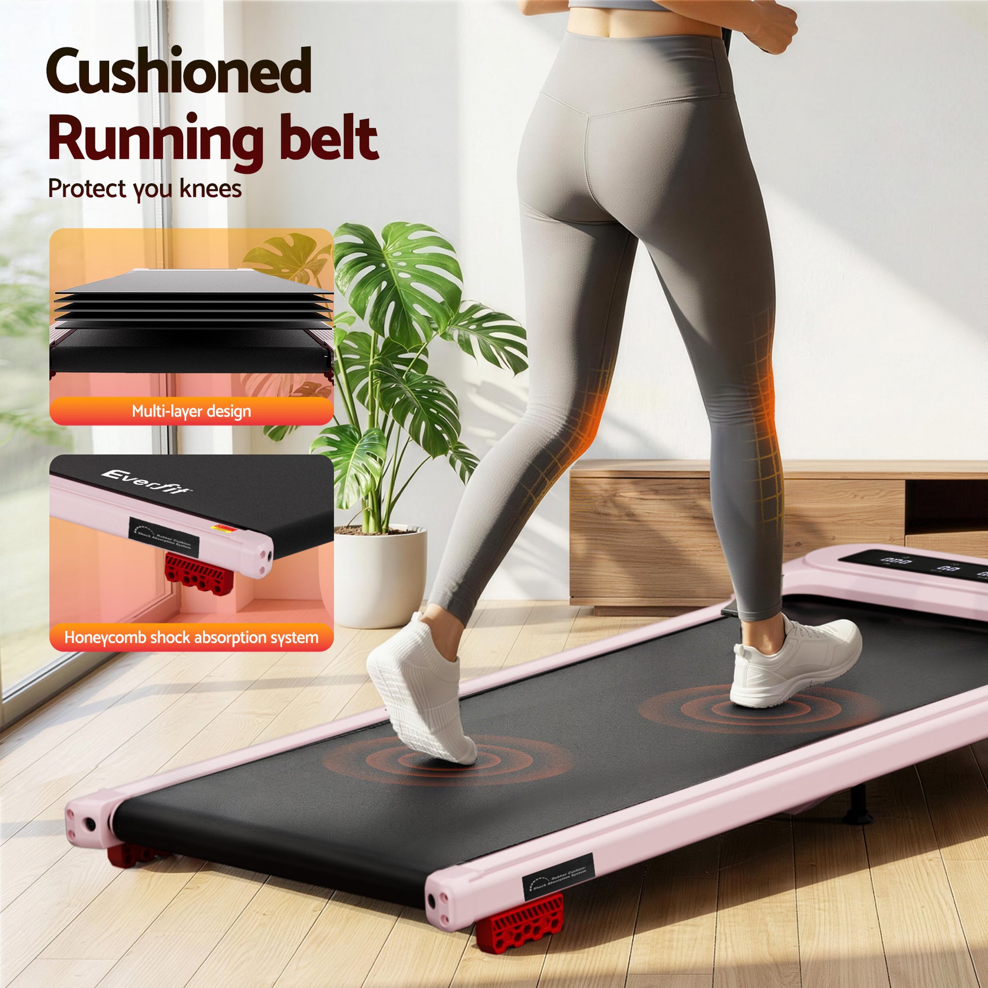 Pink walking pad treadmill with incline controls