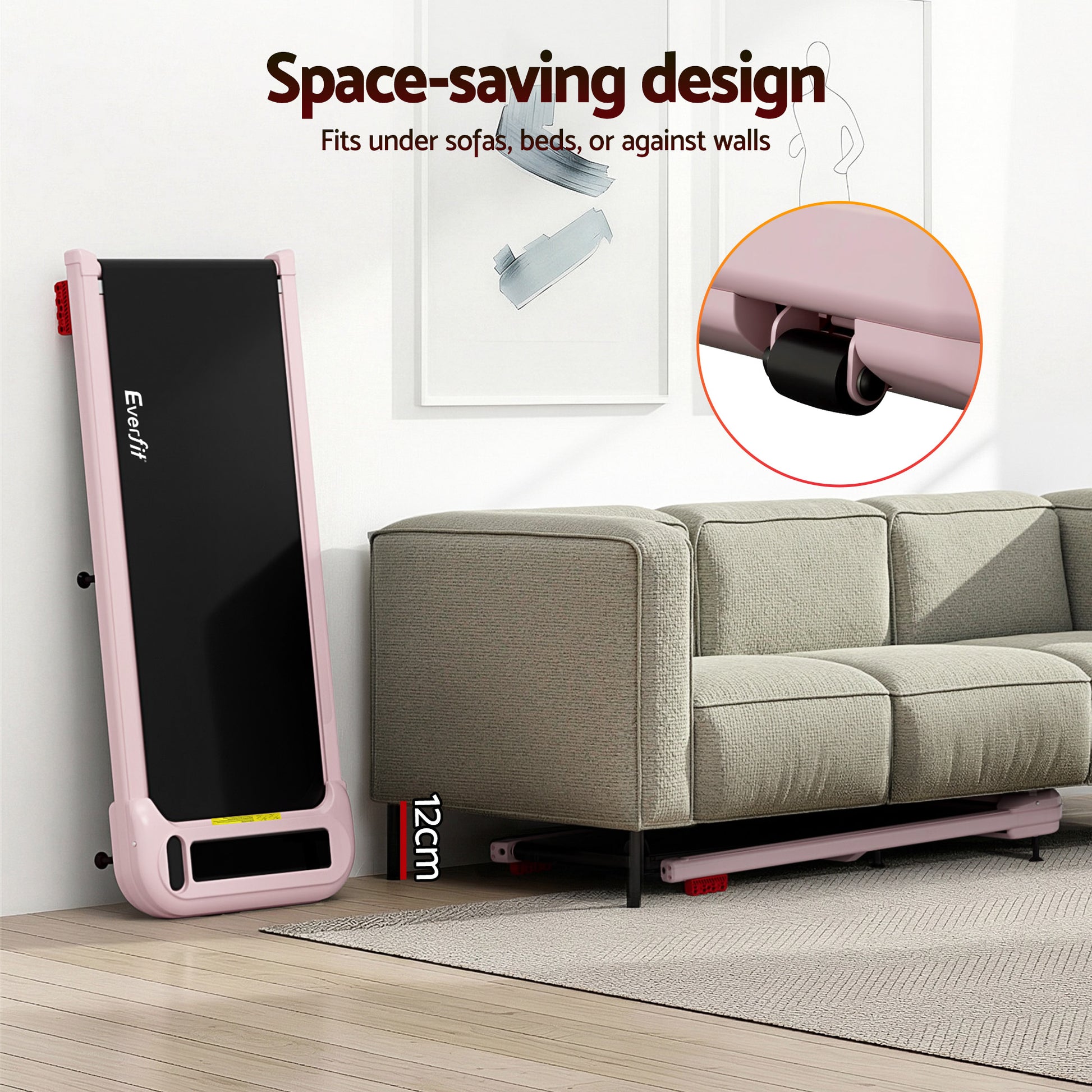 Pink walking pad treadmill for under-desk exercise spaces