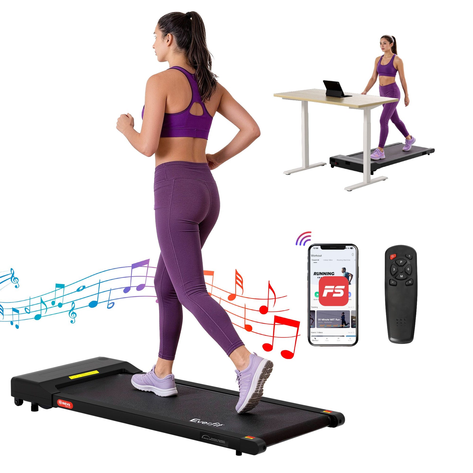 Black 400mm treadmill walking pad with remote control and digital control panel