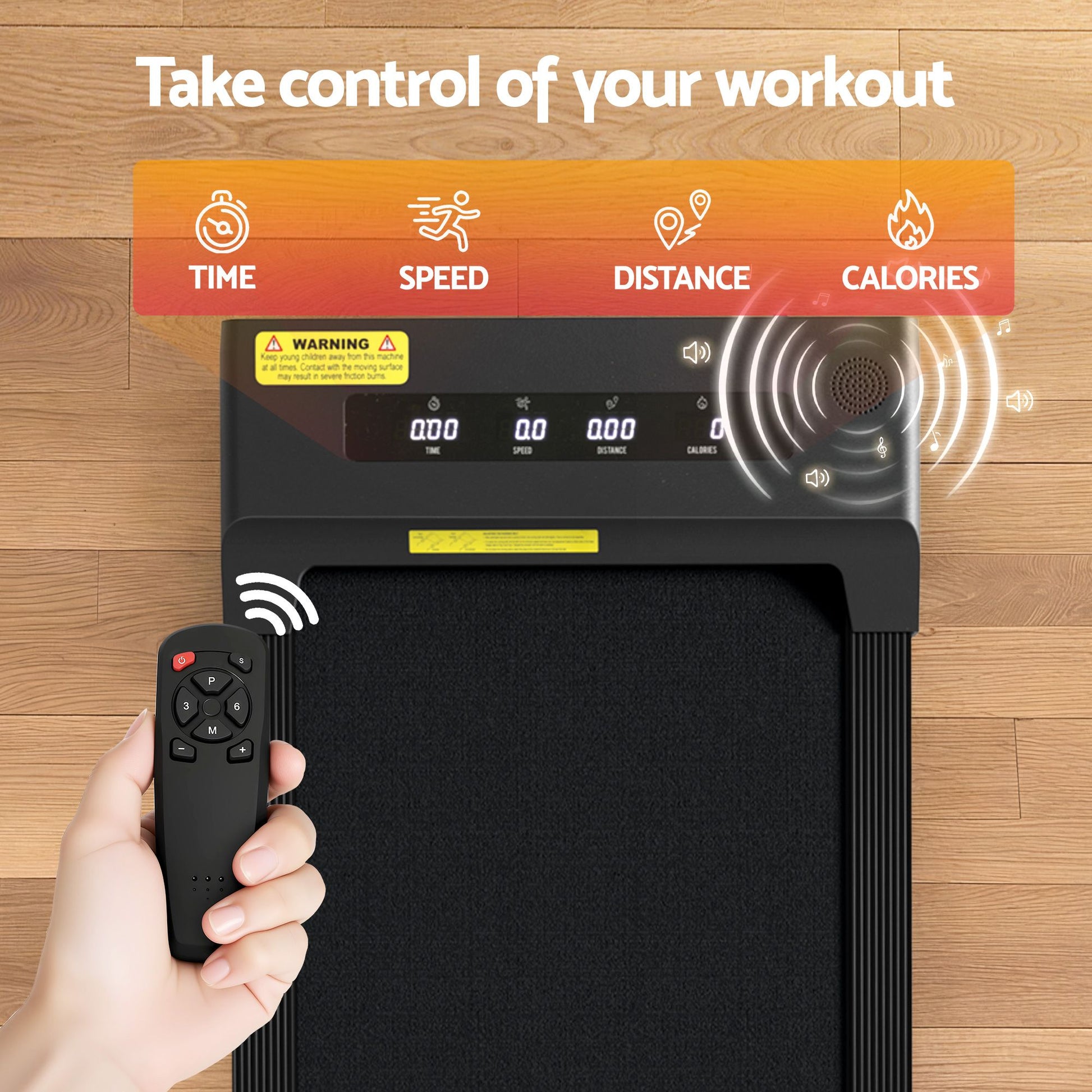 Black 400mm treadmill walking pad with remote control and main unit