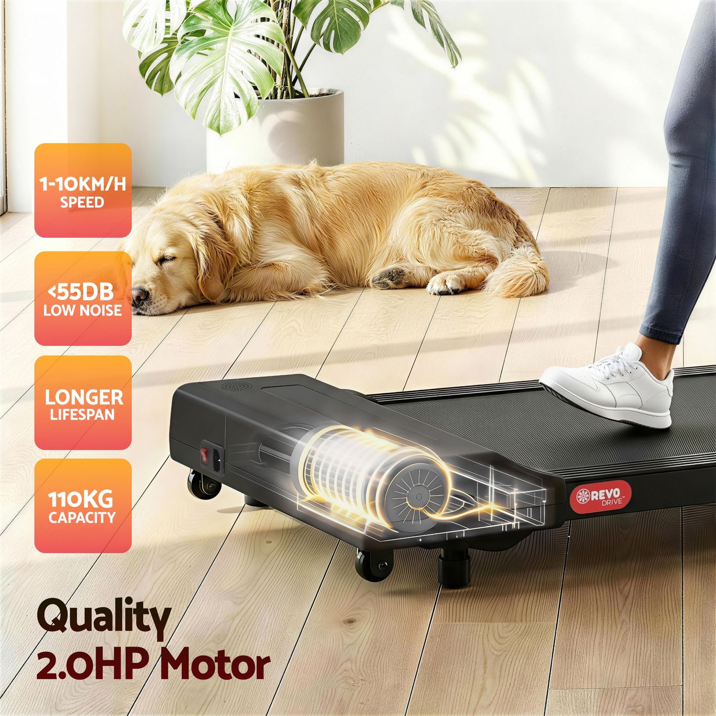 Black 400mm treadmill walking pad with boxed accessories and matching pieces