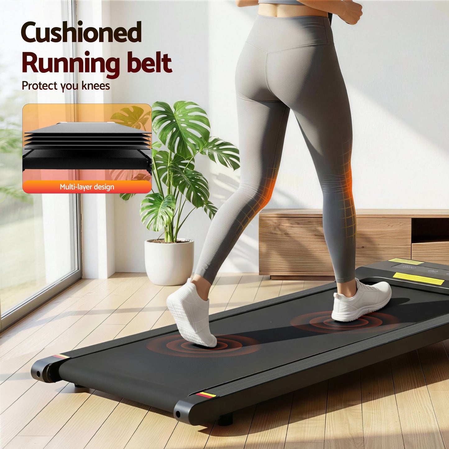 Black 400mm treadmill walking pad with handles, panels and accessory pieces