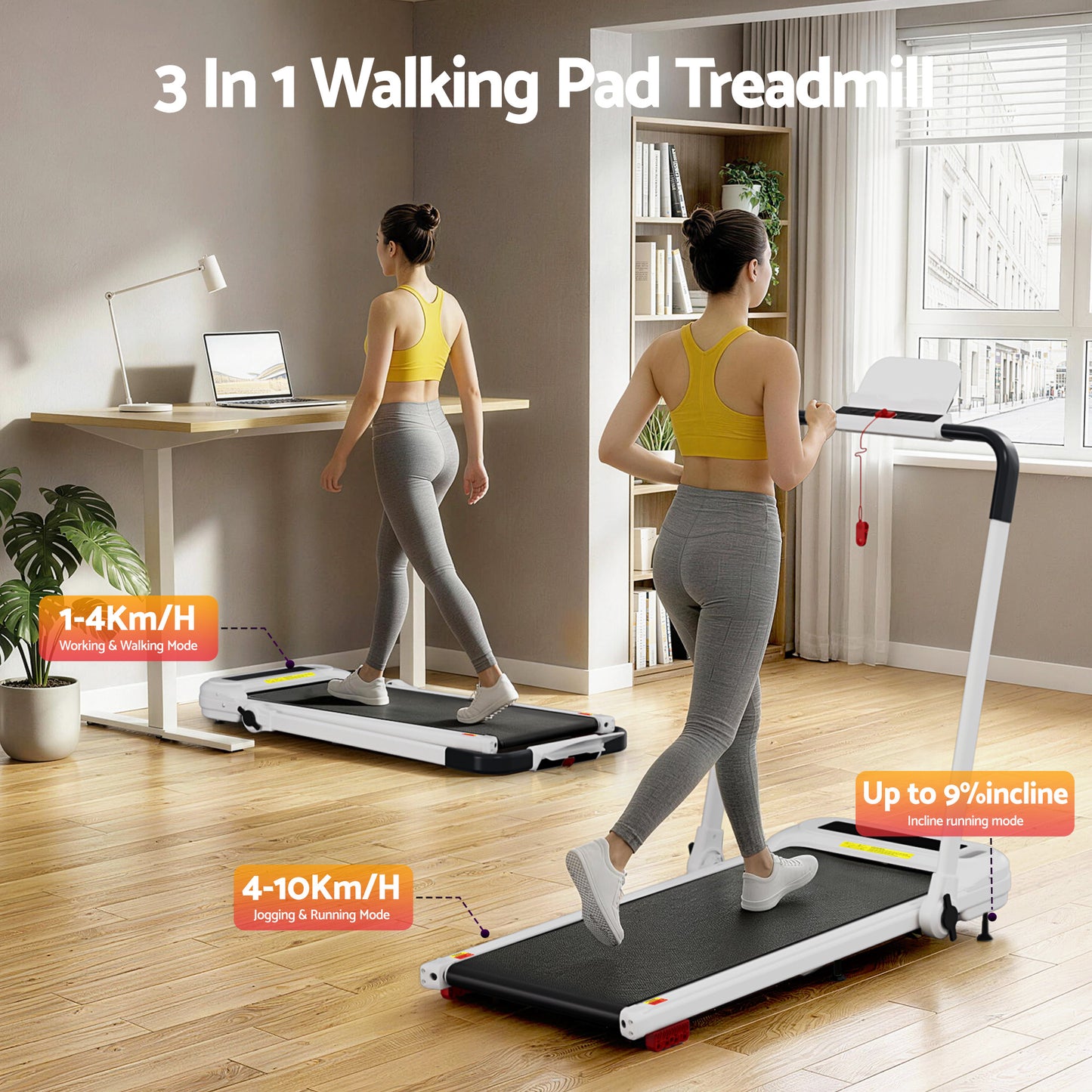 Treadmill Electric Walking Pad Incline with Foldable Gym White