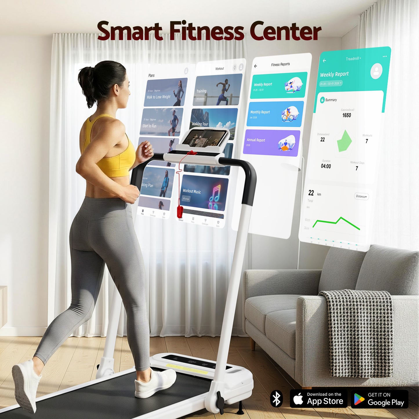 White Electric Walking Pad Treadmill with Compact Home Gym Design