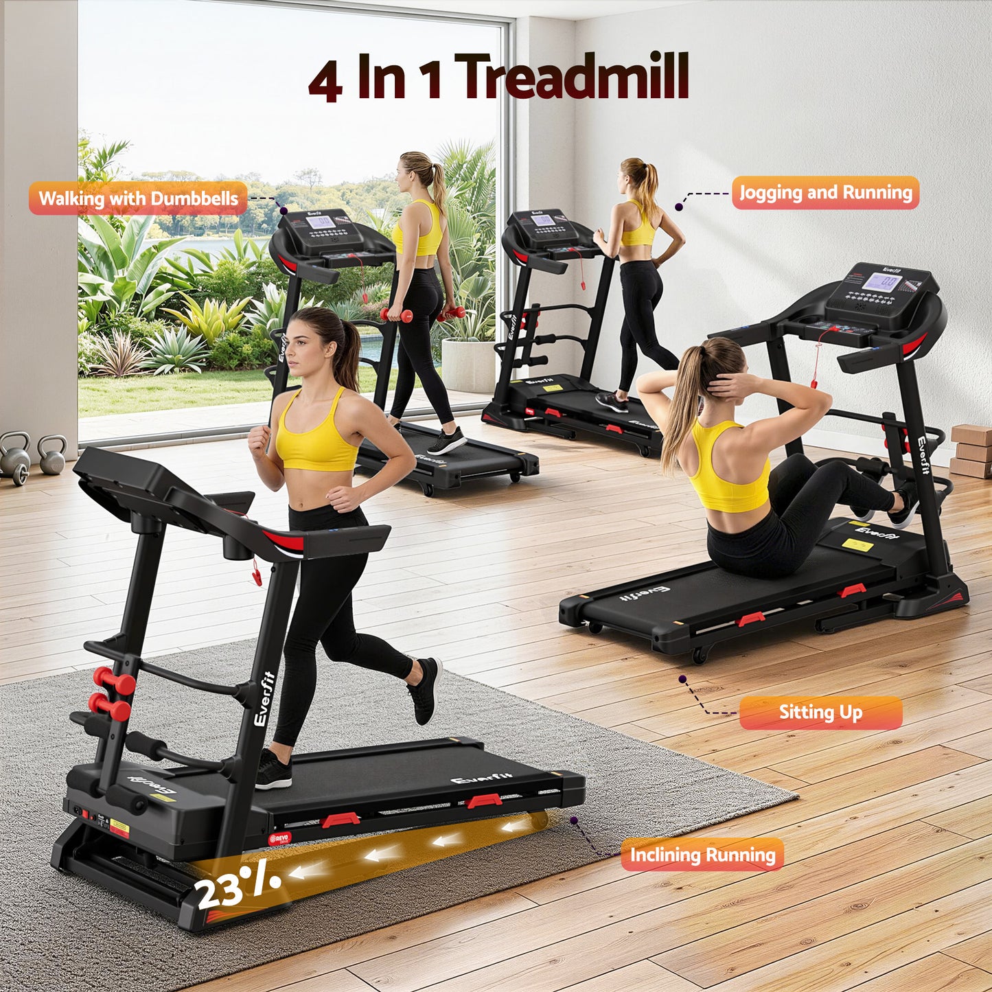 Treadmill Home Gym Fitness Exercise Machine with Sit-Up Bar - 450MM