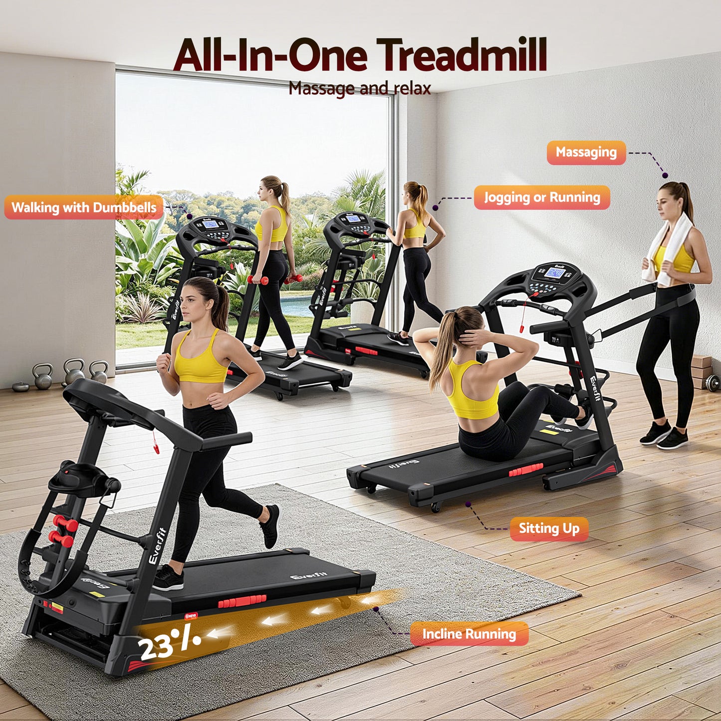 Treadmill Home Gym Fitness Exercise Machine with Massager 480mm