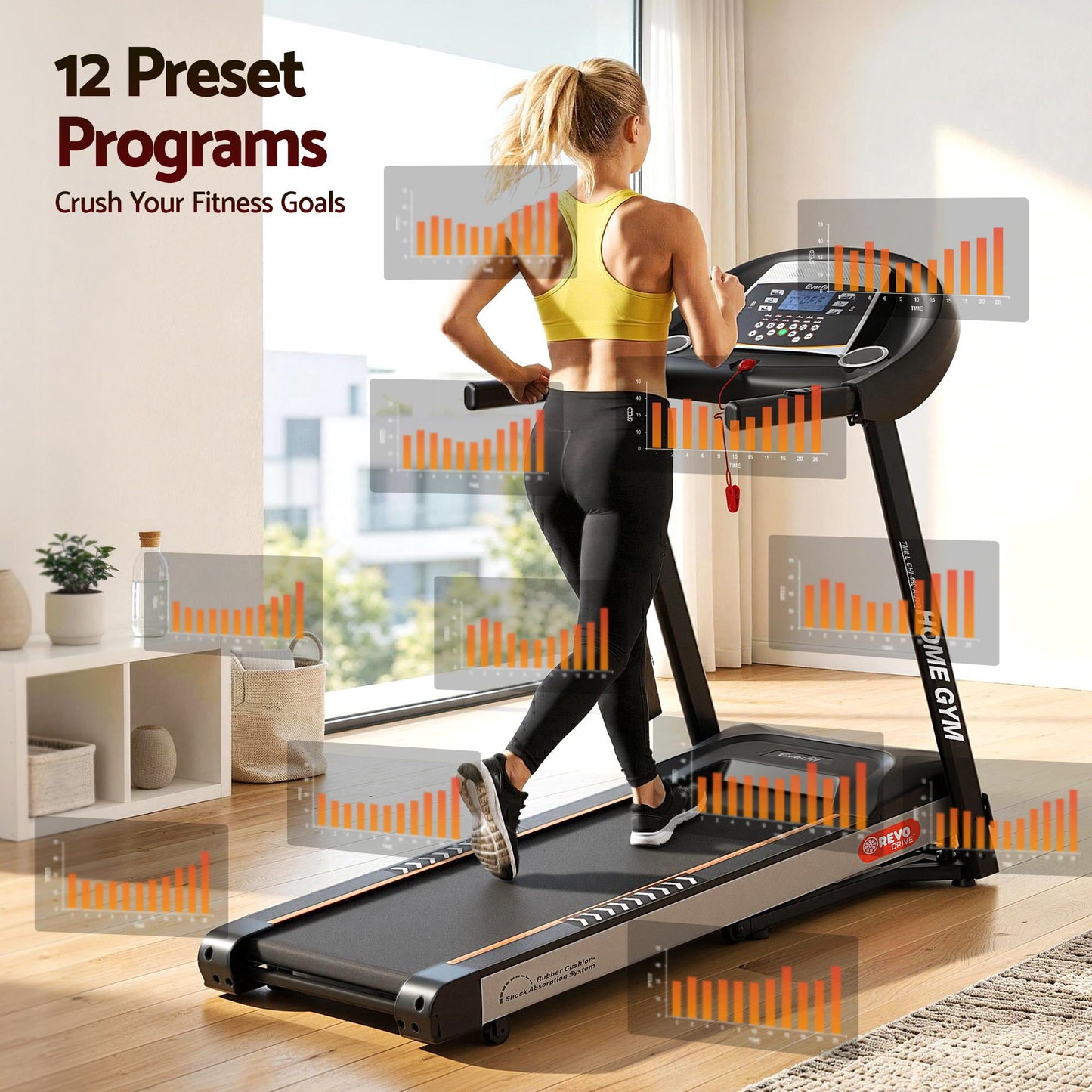 Black 45cm treadmill belt incline with matching accessories and clear item layout