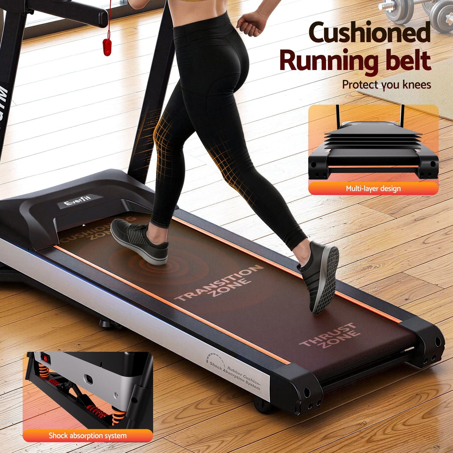 Treadmill belt incline with boxed accessories and matching pieces