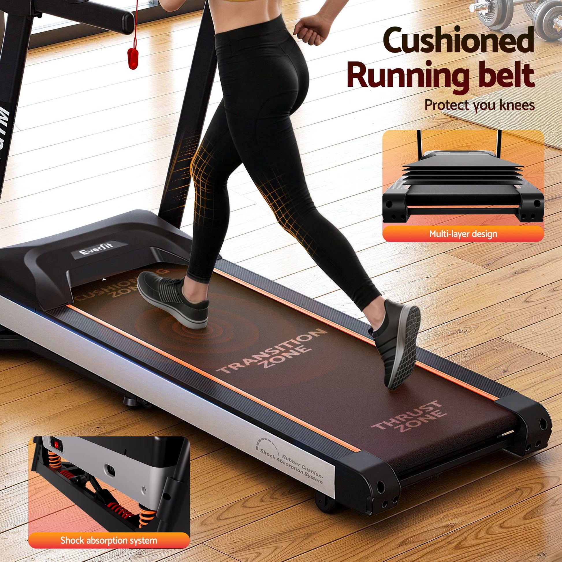 Treadmill belt incline with boxed accessories and matching pieces