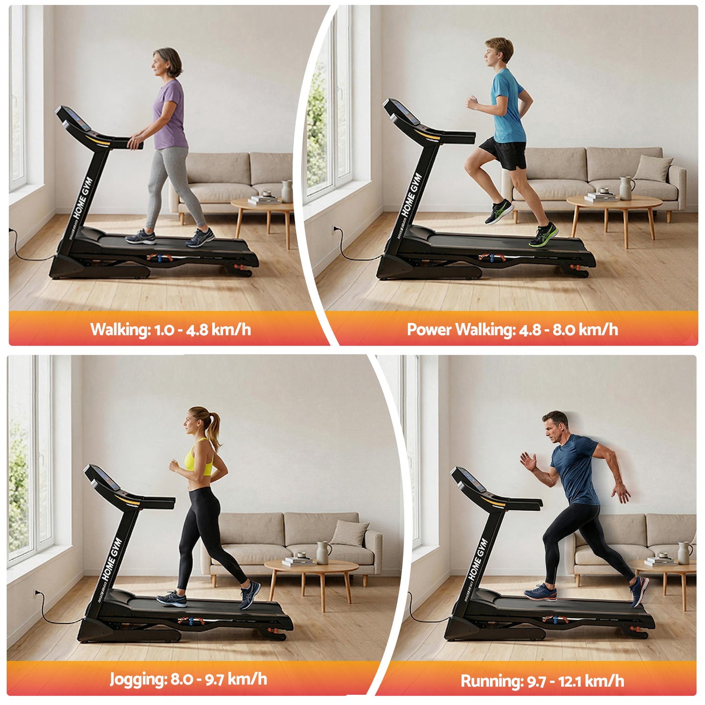 Treadmill 48cm Incline Running Gym with Fitness Machine Black