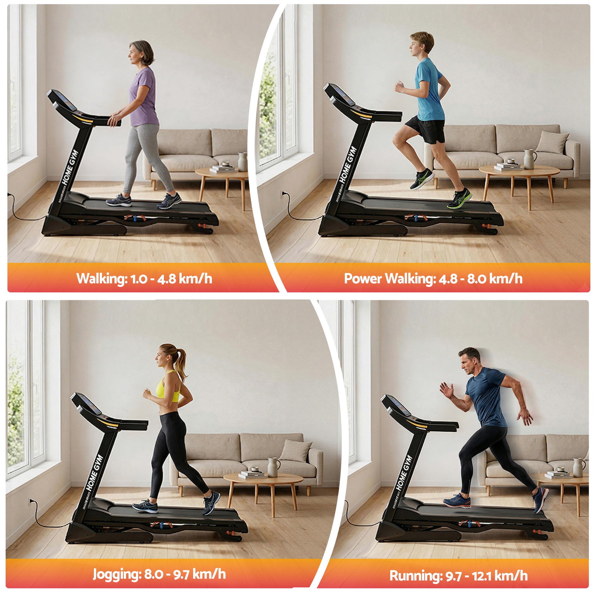 Treadmill 48cm Incline Running Gym with Fitness Machine Black