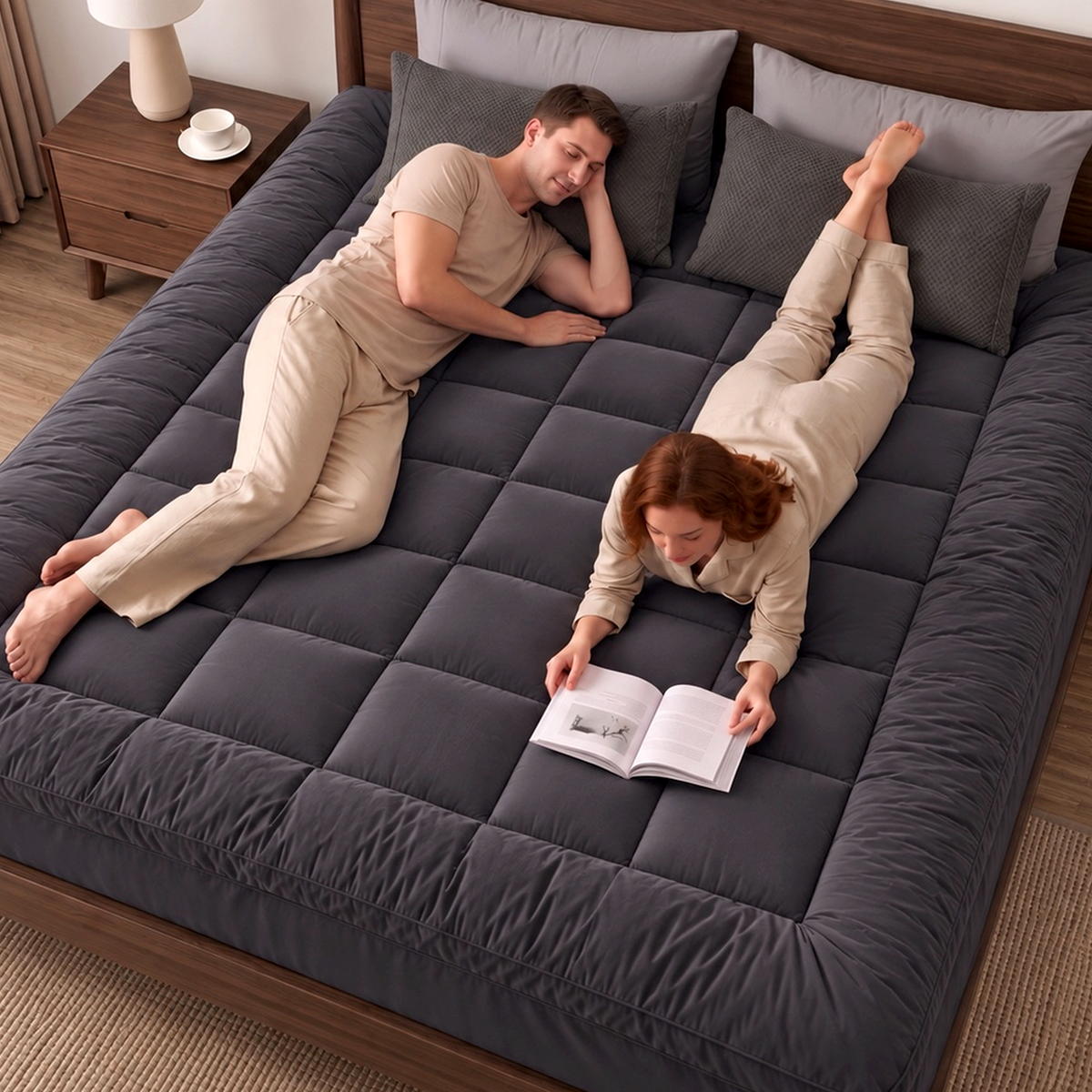 Mattress Topper Double Pillowtop 1000GSM Charcoal Microfibre Bamboo Fibre Protector