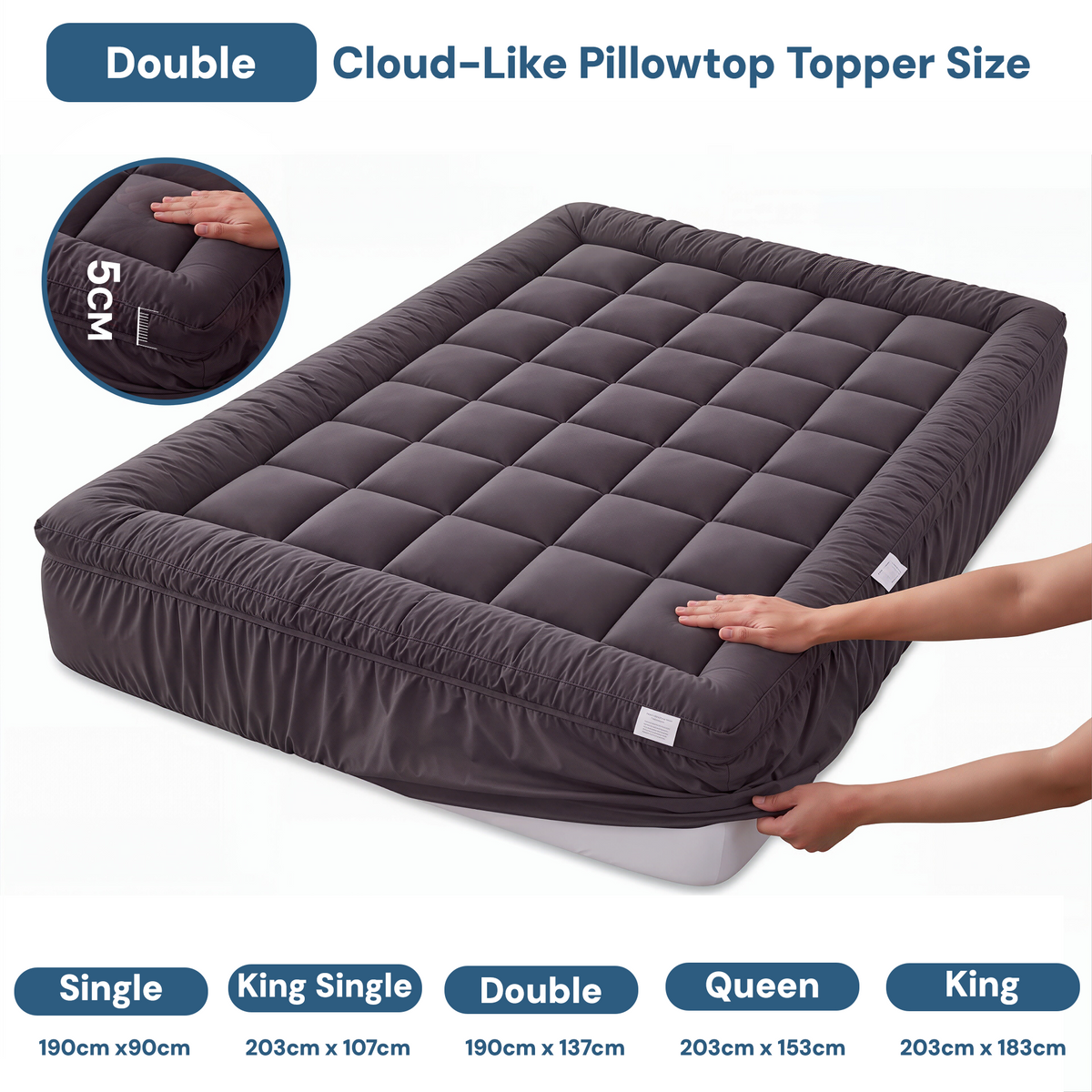 Mattress Topper Double Pillowtop 1000GSM Charcoal Microfibre Bamboo Fibre Protector