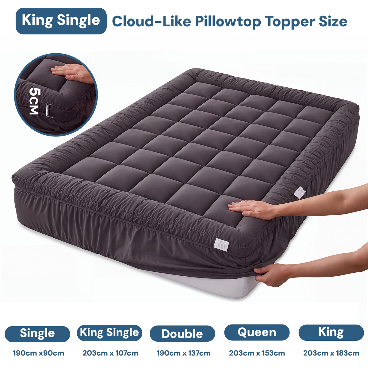 Mattress Topper King Single Pillowtop 1000GSM Charcoal Microfibre Bamboo Fibre Protector