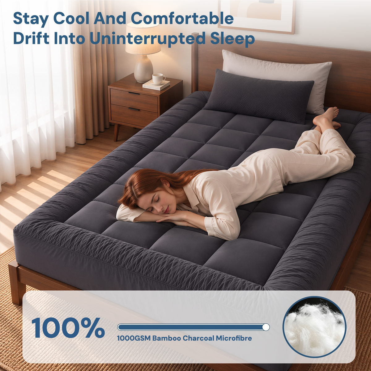 Mattress Topper King Single Pillowtop 1000GSM Charcoal Microfibre Bamboo Fibre Protector