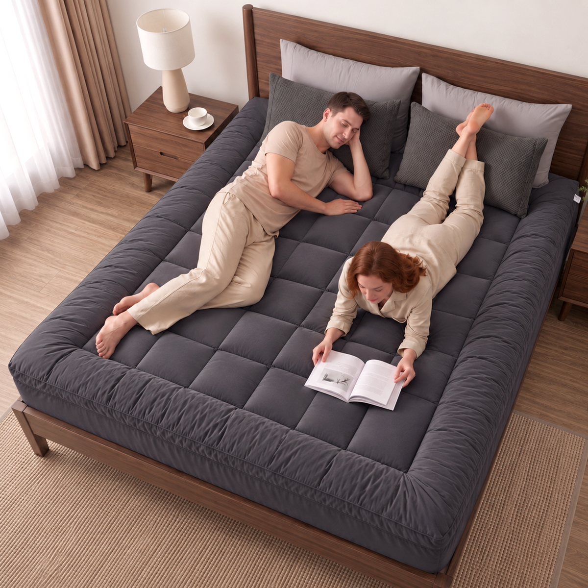 Mattress Topper, Queen 1000GSM Pillowtop, Charcoal Microfibre, Bamboo Fibre Filling Protector