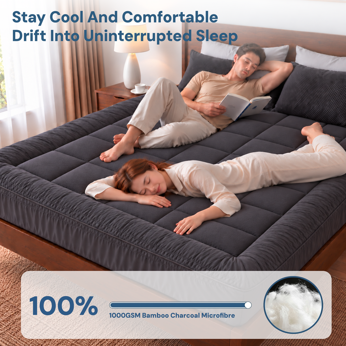 Mattress Topper, Queen 1000GSM Pillowtop, Charcoal Microfibre, Bamboo Fibre Filling Protector