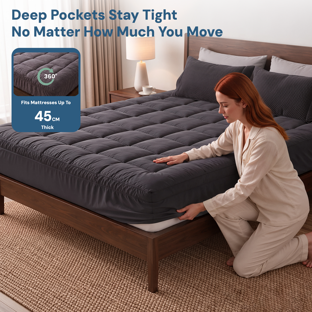 Mattress Topper, Queen 1000GSM Pillowtop, Charcoal Microfibre, Bamboo Fibre Filling Protector
