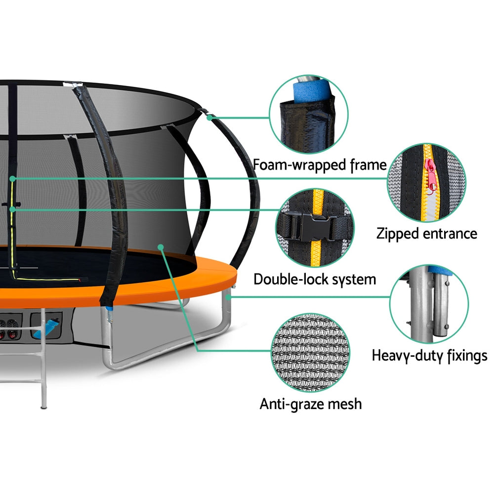 14ft orange round trampoline enclosure entry and ladder detail