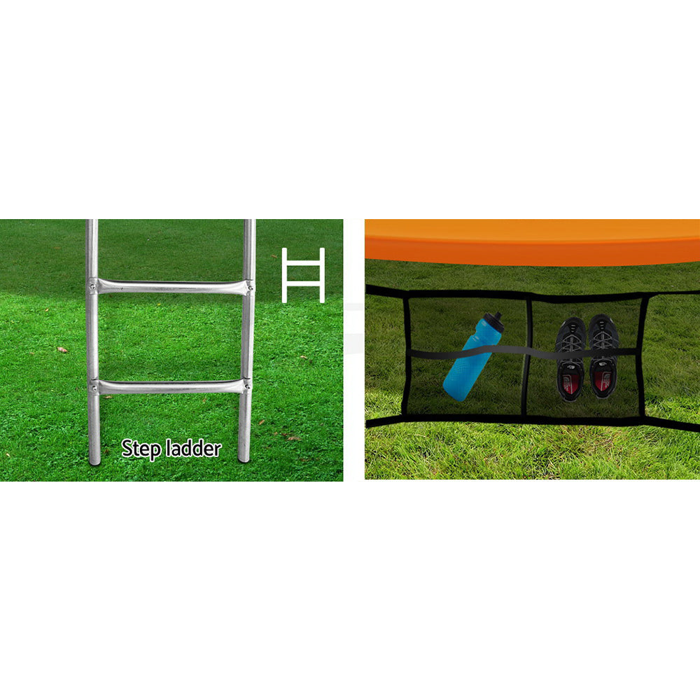 Orange trampoline set with enclosure poles and zip entry net