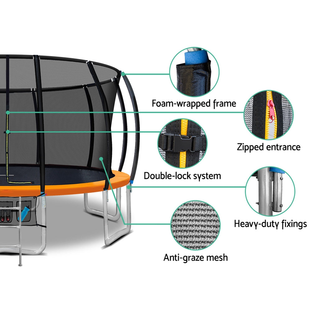 16ft orange round trampoline enclosure entry and ladder detail