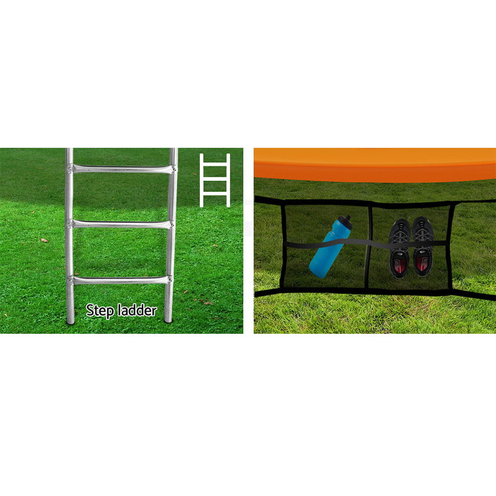 Orange trampoline set with ladder, basketball hoop and orange safety pad