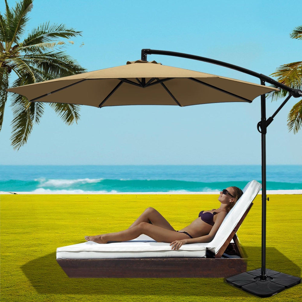 3m Umbrella w/Base Outdoor Cantilever Beach Garden Patio Parasol Beige