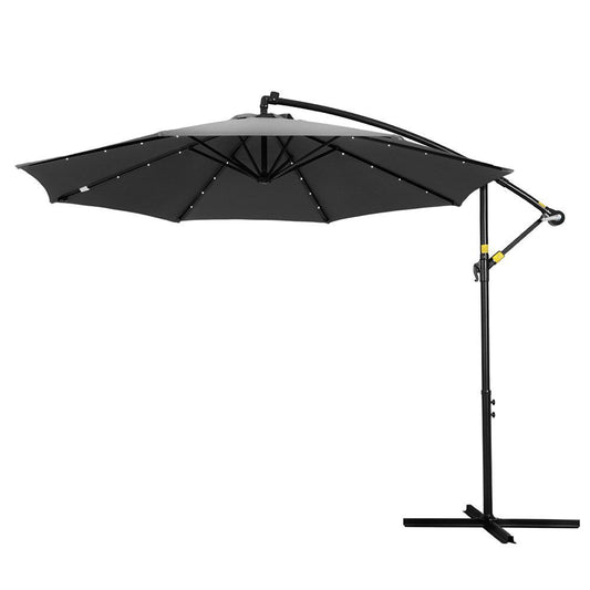 Outdoor Umbrella 3M Cantilever Beach LED - Garden Shade Patio Charcoal