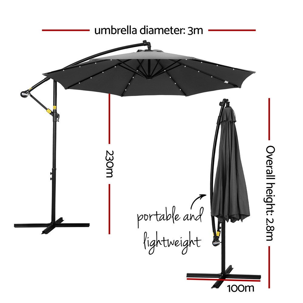 Outdoor Umbrella 3M Cantilever Beach LED - Garden Shade Patio Charcoal