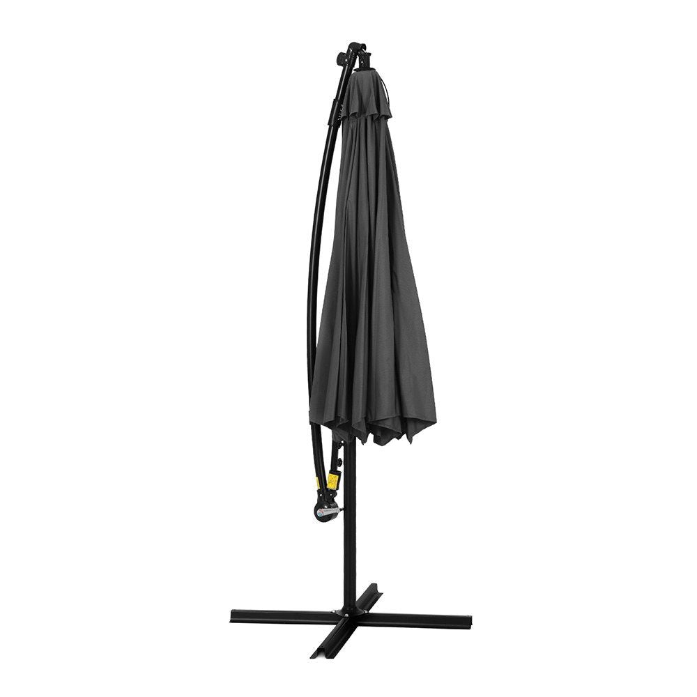 Outdoor Umbrella 3M Cantilever Beach LED - Garden Shade Patio Charcoal