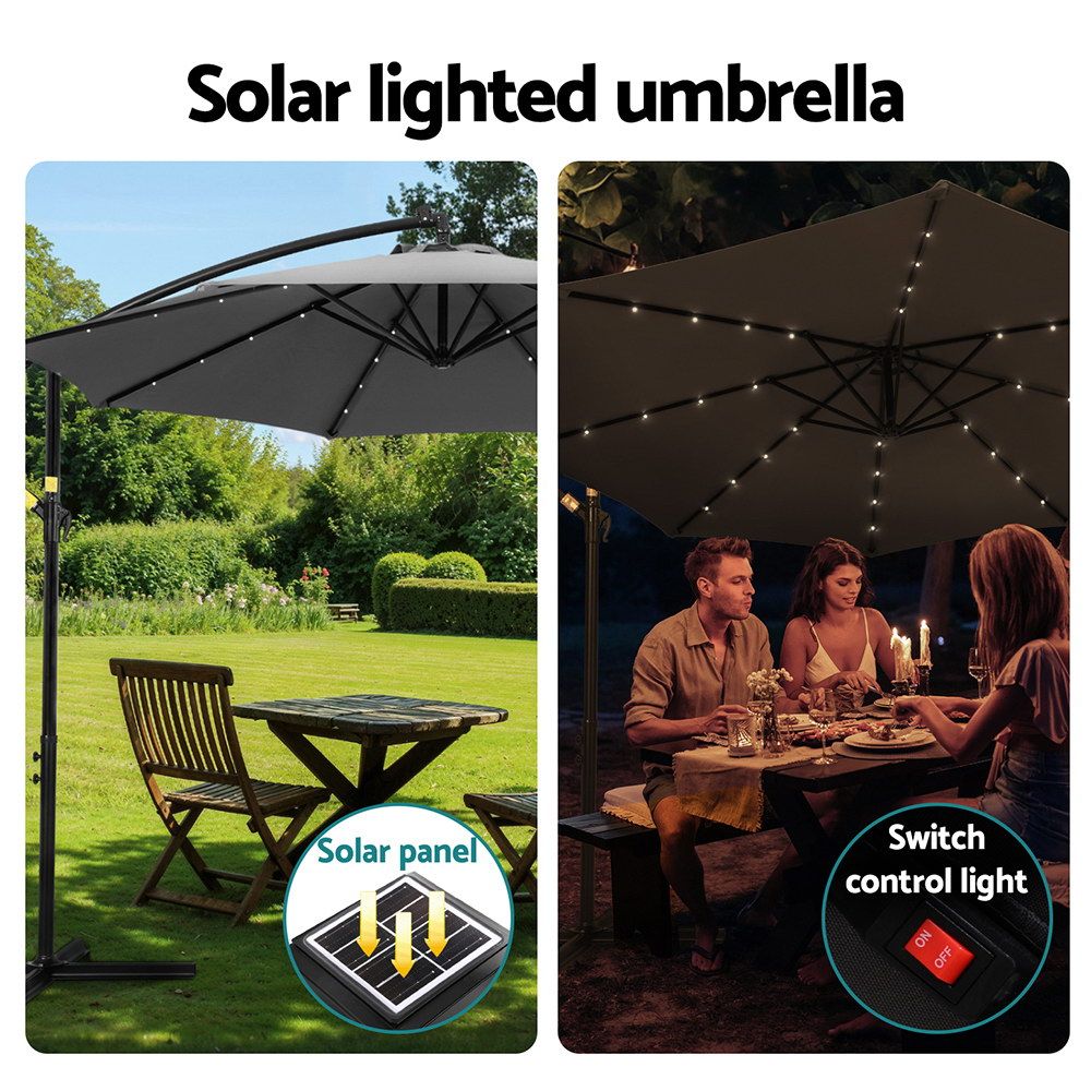 Outdoor Umbrella 3M Cantilever Beach LED - Garden Shade Patio Charcoal