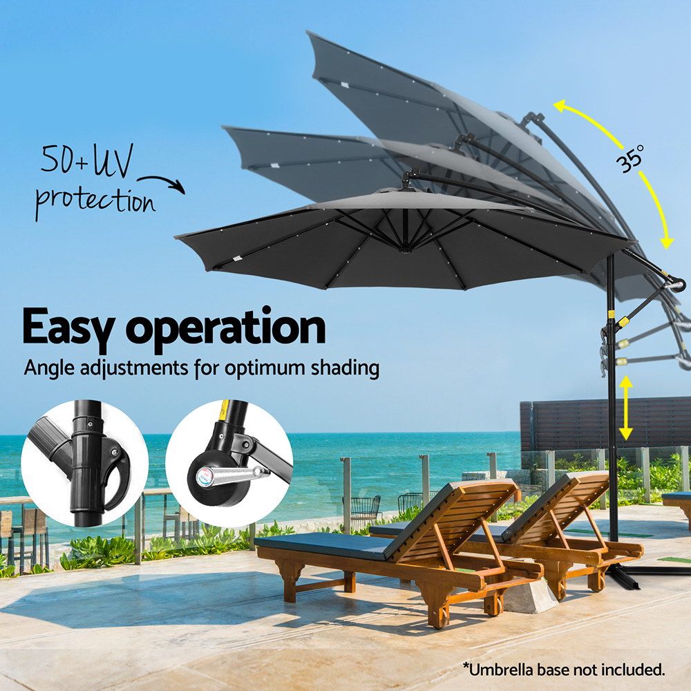 Outdoor Umbrella 3M Cantilever Beach LED - Garden Shade Patio Charcoal