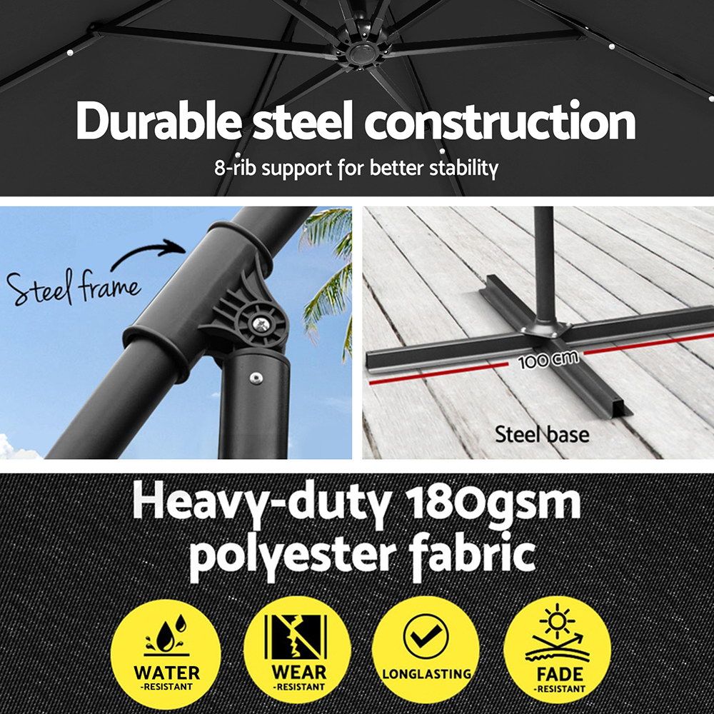 Outdoor Umbrella 3M Cantilever Beach LED - Garden Shade Patio Charcoal