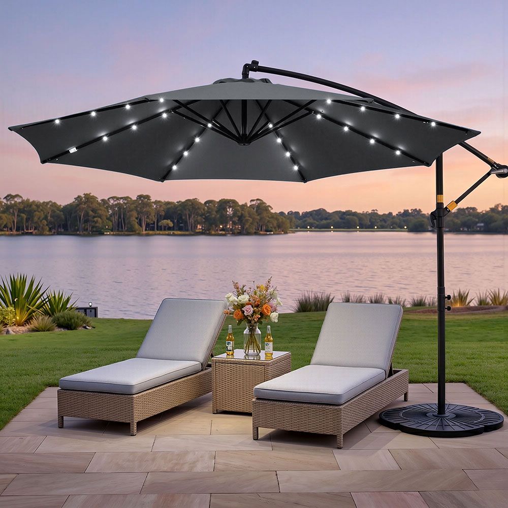 Outdoor Umbrella 3M Cantilever Beach LED - Garden Shade Patio Charcoal