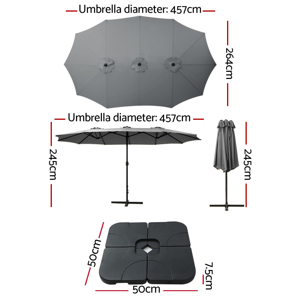 4.57m Outdoor Umbrella w/Base Stand Beach Pole Garden Tilt Charcoal