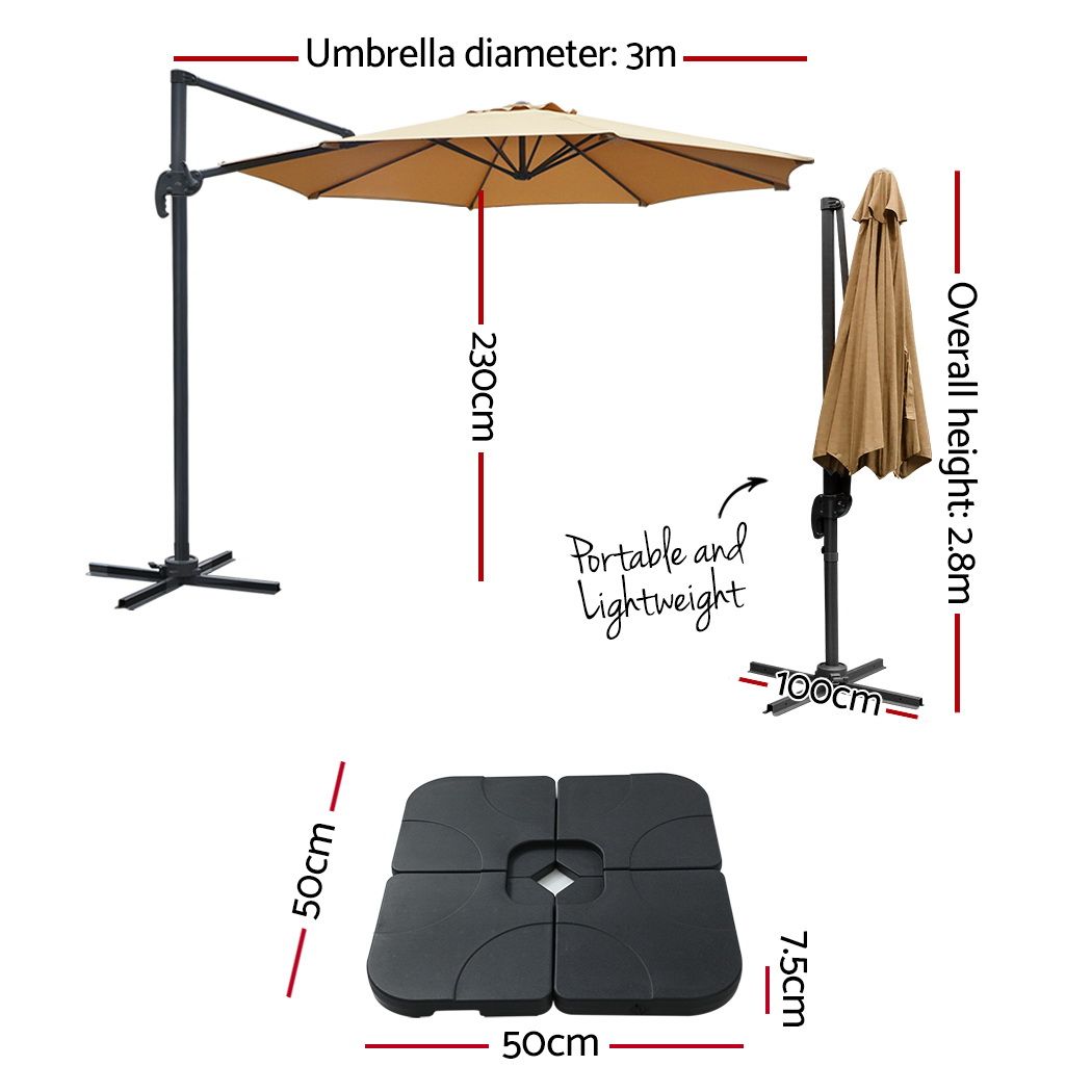 Outdoor Umbrella 3M with Base Cantilever Beach Roma 360-Degree Tilt - Beige