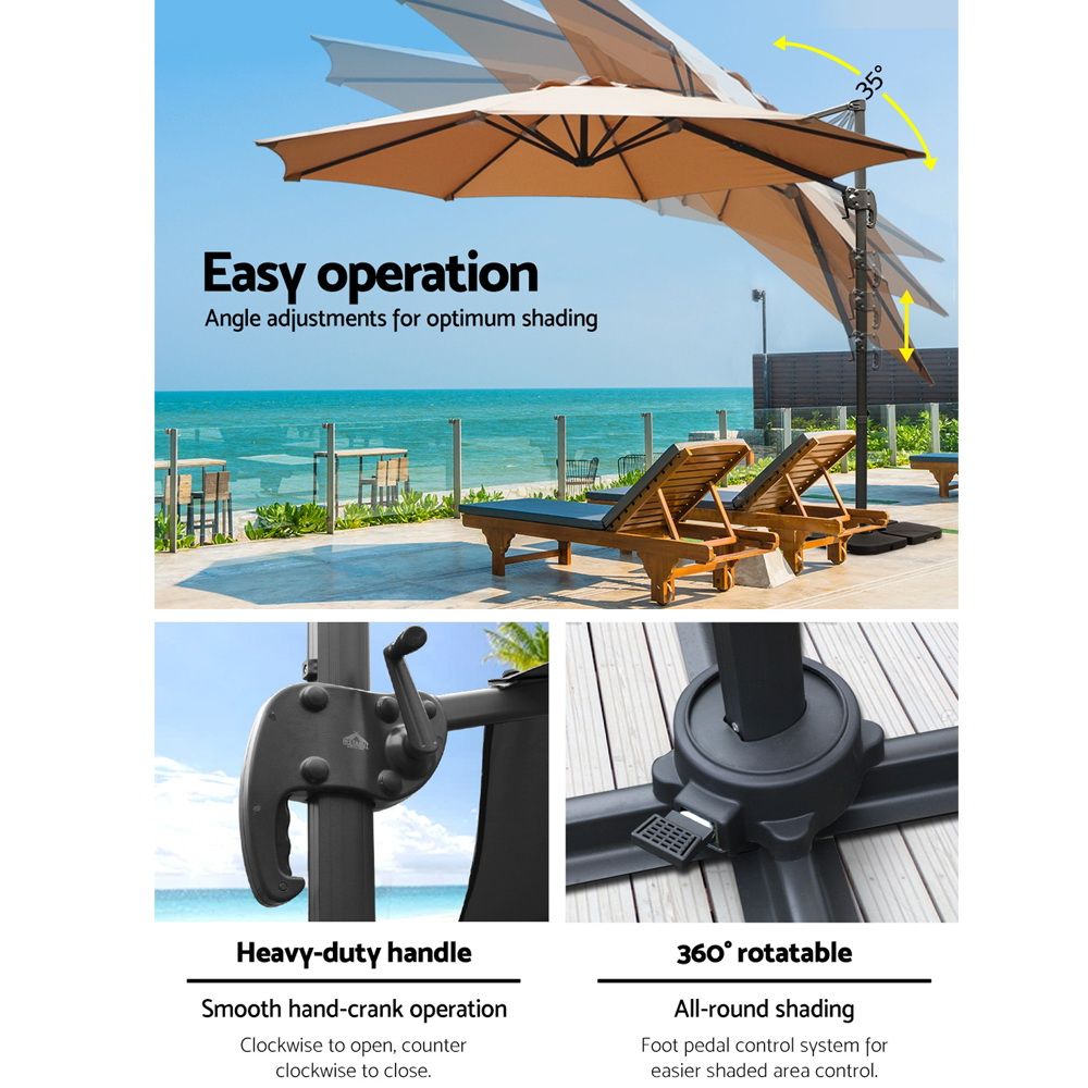 Outdoor Umbrella 3M with Base Cantilever Beach Roma 360-Degree Tilt - Beige
