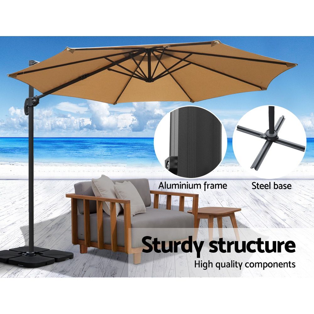 Outdoor Umbrella 3M with Base Cantilever Beach Roma 360-Degree Tilt - Beige