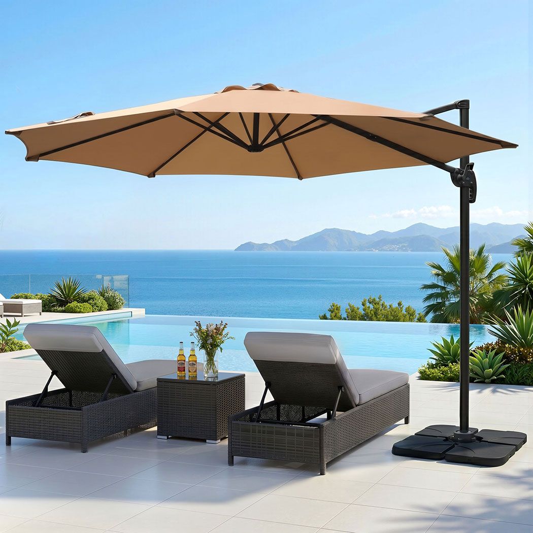 Outdoor Umbrella 3M with Base Cantilever Beach Roma 360-Degree Tilt - Beige