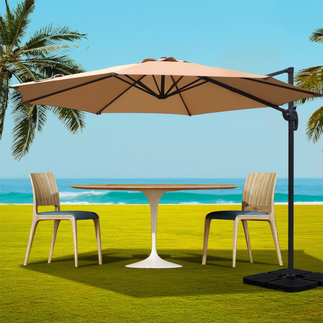 3m Outdoor Umbrella w/Base Cantilever Beach Roma 360 Degree Tilt Beige