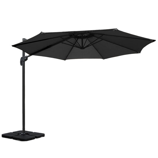 Outdoor Umbrella 3M with Base Cantilever Beach Roma 360-Degree Tilt - Black