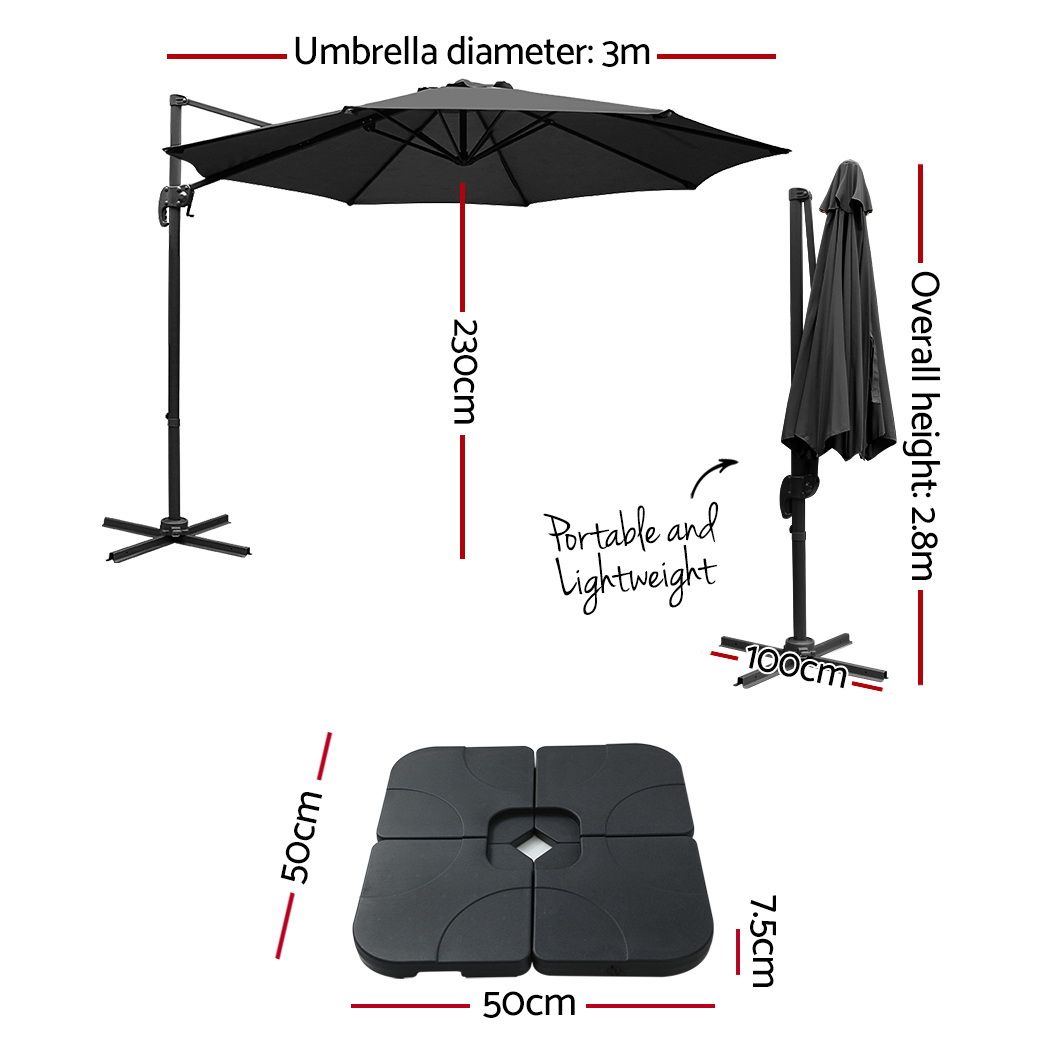 Outdoor Umbrella 3M with Base Cantilever Beach Roma 360-Degree Tilt - Black