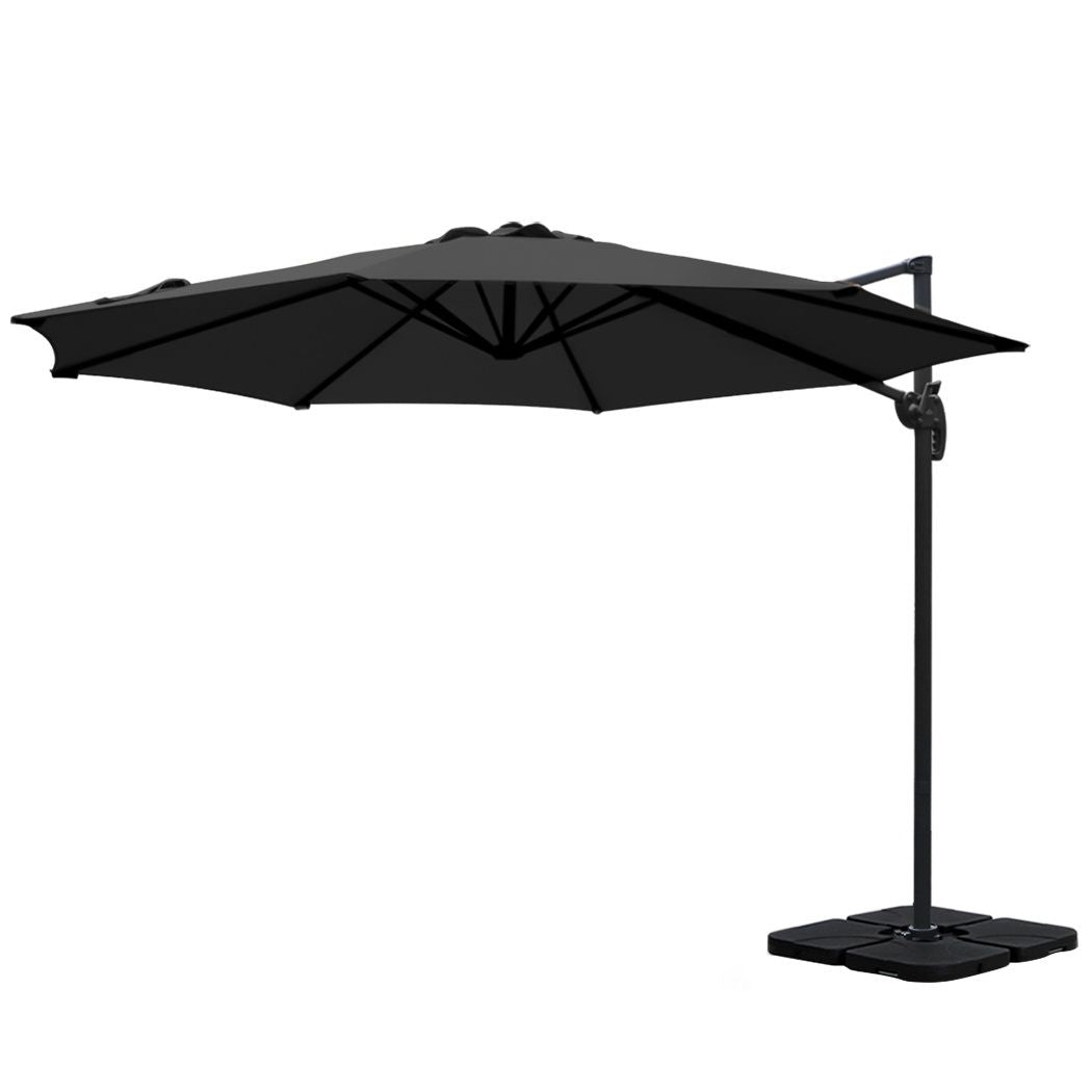 Outdoor Umbrella 3M with Base Cantilever Beach Roma 360-Degree Tilt - Black