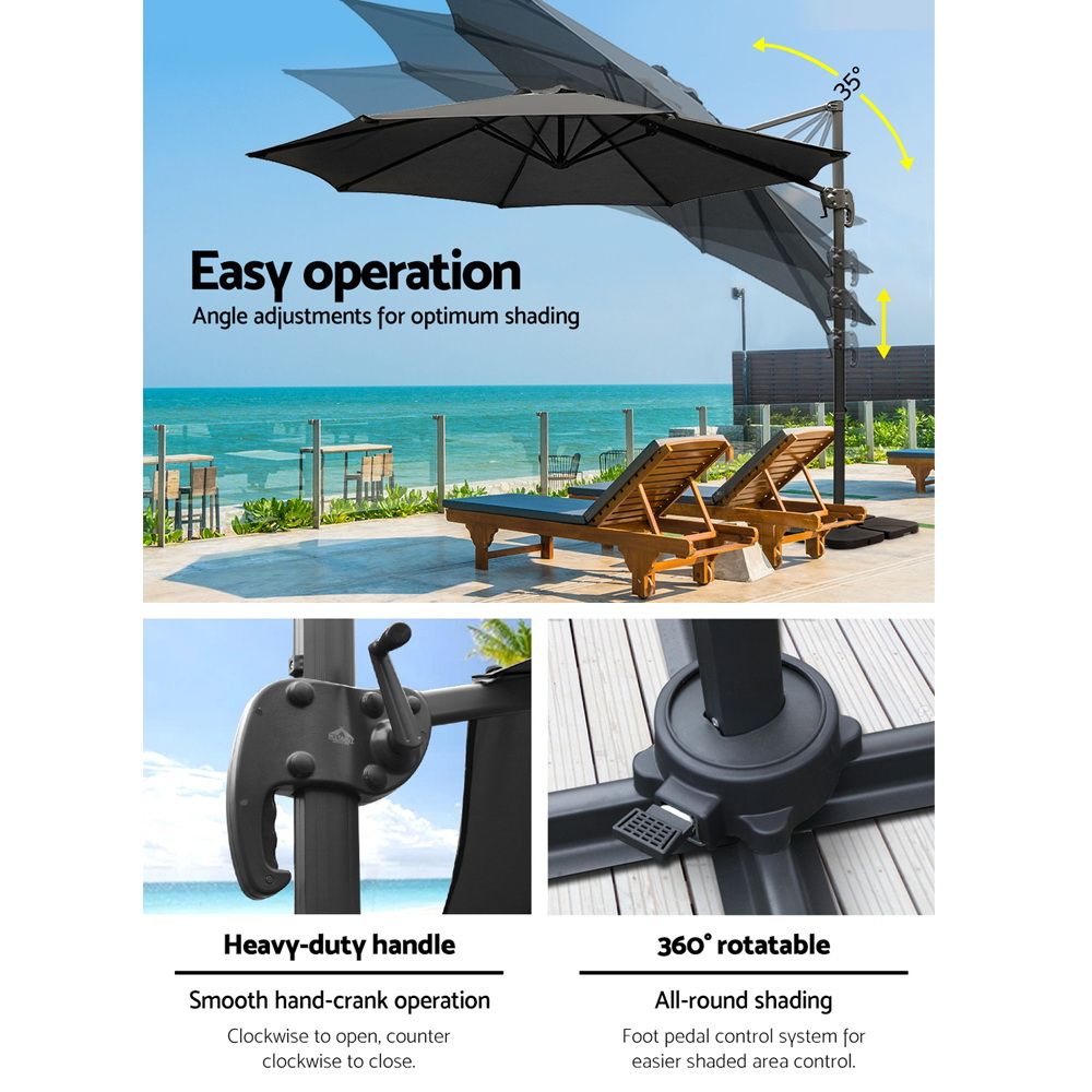 Outdoor Umbrella 3M with Base Cantilever Beach Roma 360-Degree Tilt - Black