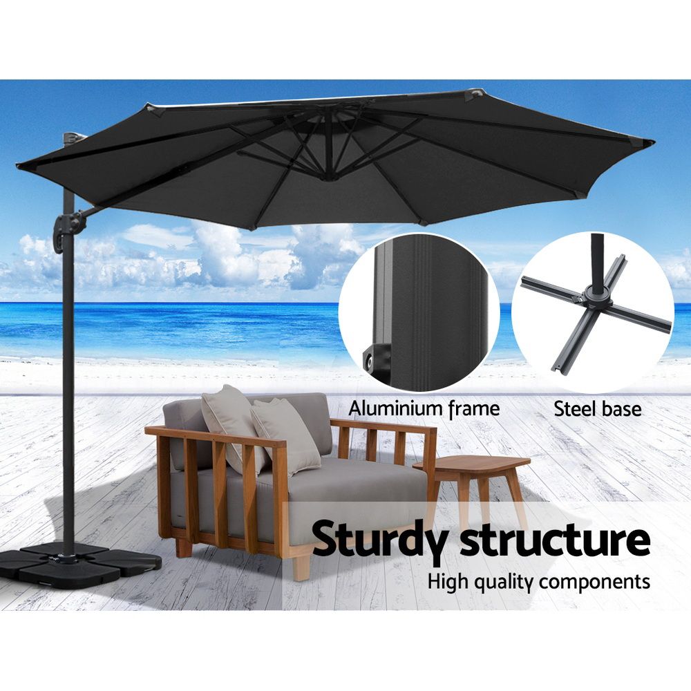 Outdoor Umbrella 3M with Base Cantilever Beach Roma 360-Degree Tilt - Black