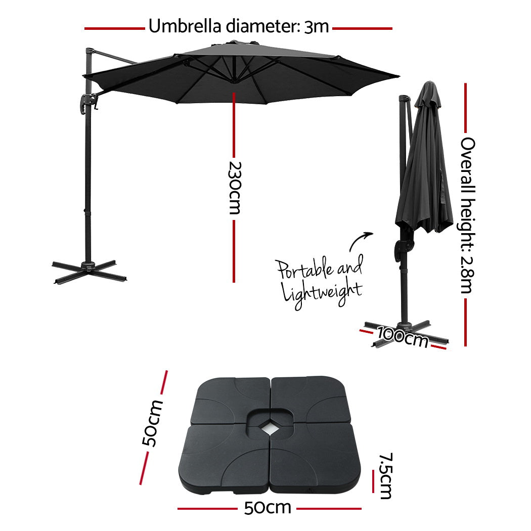 3m Outdoor Umbrella w/Base Cantilever Beach Roma 360 Degree Tilt Black