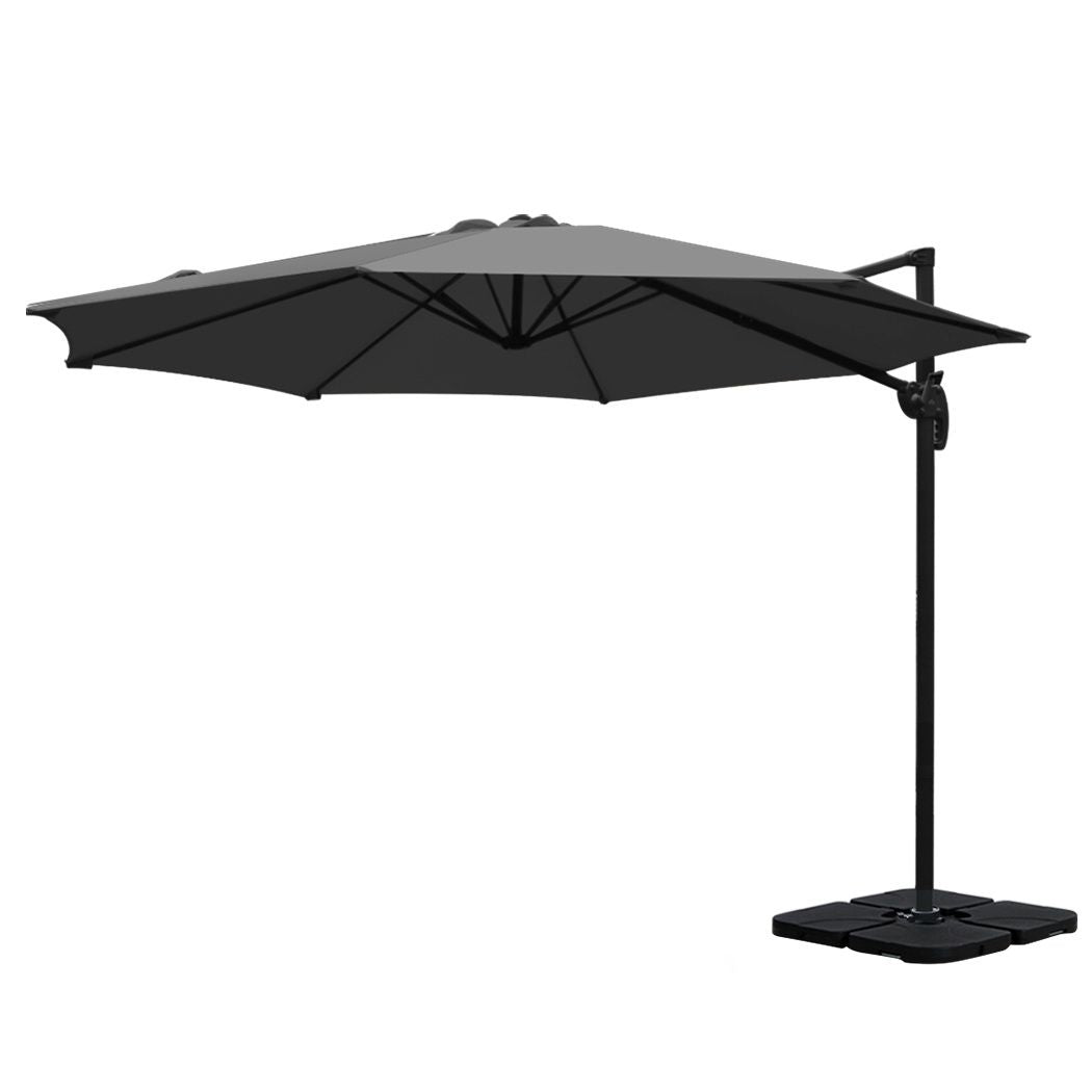 Outdoor Umbrella 3M with Base Cantilever Beach Roma 360-Degree Tilt - Charcoal