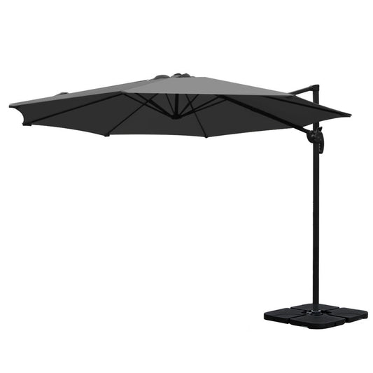 Outdoor Umbrella 3M with Base Cantilever Beach Roma 360-Degree Tilt - Charcoal