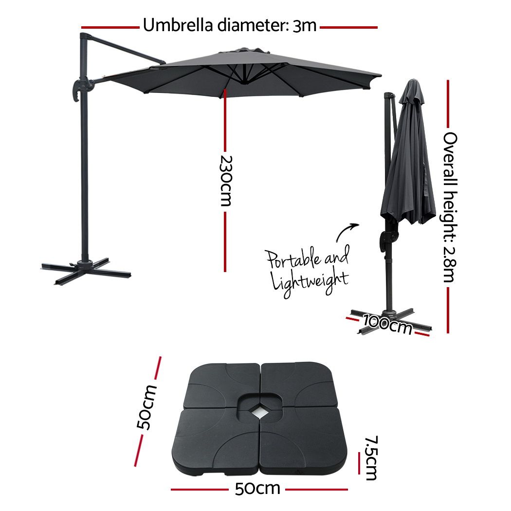 Outdoor Umbrella 3M with Base Cantilever Beach Roma 360-Degree Tilt - Charcoal